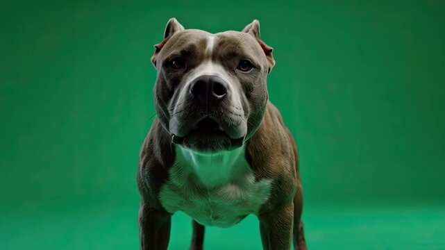 Muscular brown and white Pitbull dog barking and staring intensely at camera on green screen background
