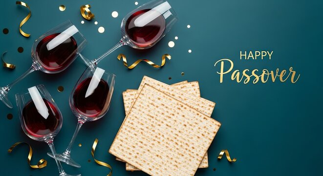 Passover holiday flat lay with matzah stacks and red wine glasses. Jewish seder celebration concept on teal background. Festive greeting for passover observance