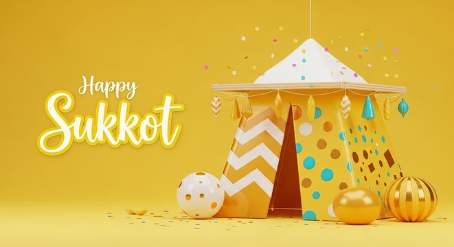Festive sukkah hut with colorful decorations and balloons for Sukkot holiday. Jewish festival celebration concept with joyful autumn tradition and paper craft design