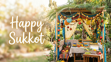Happy Sukkot greeting with colorful sukkah booth decorated with fruits balloons and lights. Jewish holiday celebration featuring traditional table setting and palm frond roof