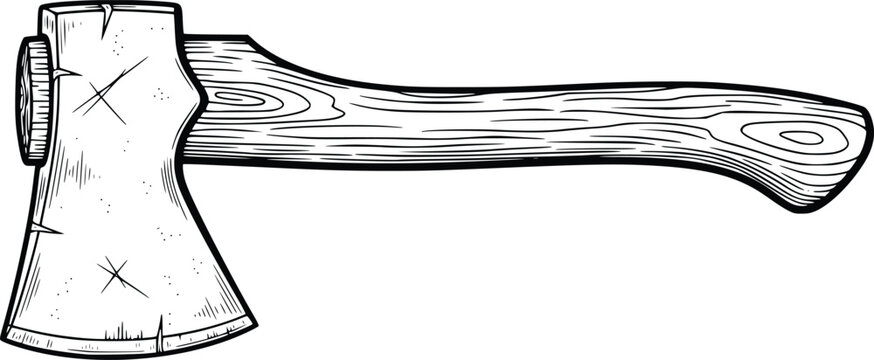 Hand Drawn Vintage Woodcutting Axe with Wooden Handle Vector Illustration