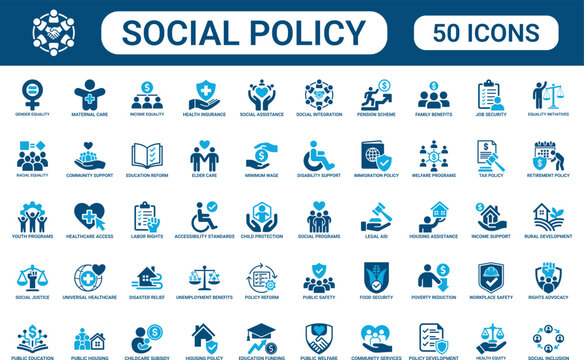 Social Policy Icon Set with Welfare Programs, Poverty Reduction, Labor Rights, Pension Scheme, Minimum Wage, Accessibility Standards and Community Support Symbols for Government