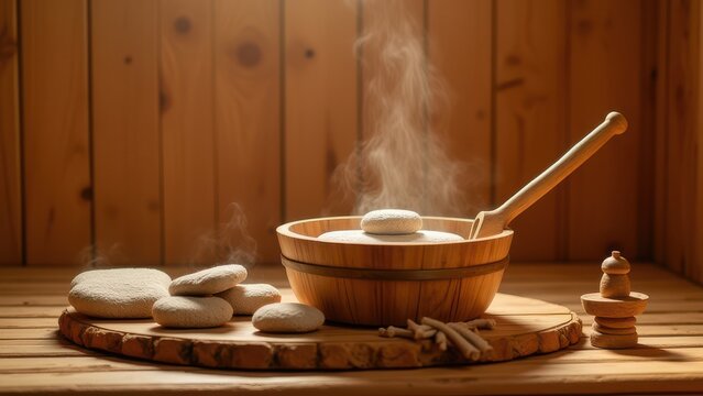 wooden bucket ladle and hot sauna stones in traditional steam sauna wellness spa relaxation concept