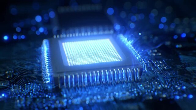 Microchip processor technology circuit motherboard blue digital glow data electronics futuristic hardware cyber background modern motherboard high tech data network powerful blue microchip computer
