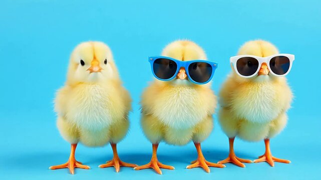 Three baby chicks wearing sunglasses
