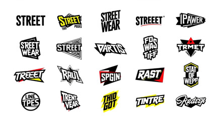 Collection of street-style logos featuring bold typography and edgy designs, perfect for urban fashion and branding. © MAS