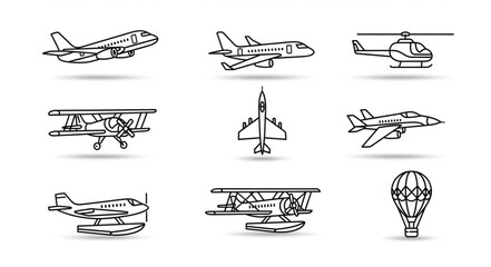 Collection of Hand-Drawn Aviation Icons - Planes, Helicopter, and Balloon. © MAS