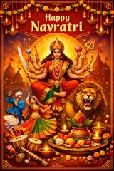 Obraz premium A vibrant illustration of Goddess Durga celebrating Happy Navratri with traditional Indian decorations