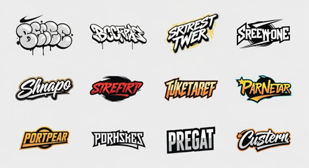 Collection of stylized word art designs with unique typography and creative lettering, showcasing diverse artistic expressions and modern graphic design element © MAS