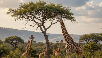 Fototapeta premium Serene savannah scene with giraffes under a tree at sunset