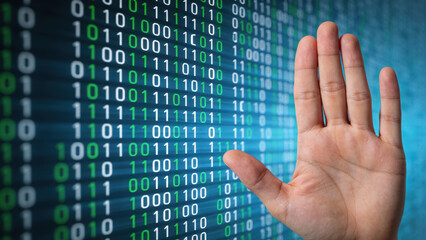 Scam alert ai cybersecurity warning defense awareness digital hand stop gesture binary code background data protection, network warning