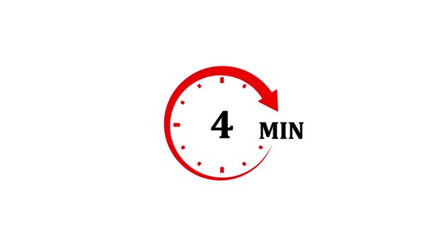 Red circular timer icon showing four minutes countdown with arrow on white background 4 minutes clock
