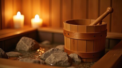 wooden bucket ladle and hot sauna rocks inside traditional steam sauna spa wellness relaxation concept