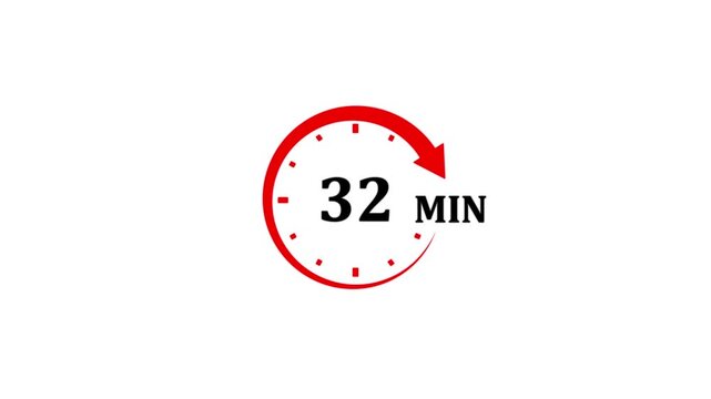 Red circular timer icon displaying 32 minutes with a clockwise arrow on a white background countdown