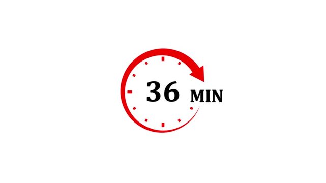 Red circular timer icon showing 36 minutes with an arrow on white background clock duration