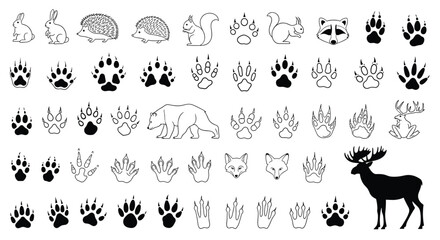 Obraz premium Large collection of various animal footprints and tracks alongside silhouettes of a rabbit, bear, fox, and moose in a clean black and white style.