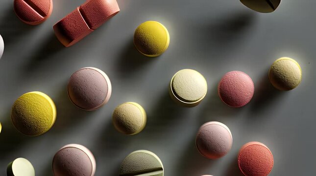 A close-up, high-angle shot of various pill shapes and colors against a neutral background. The pills are scattered, offering a study in texture and form