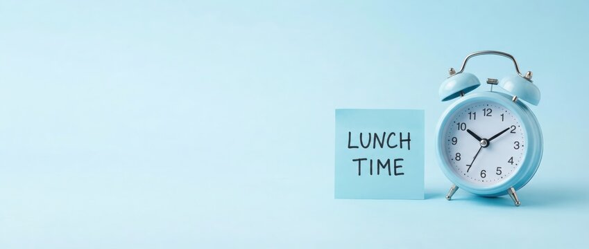 Setting a reminder alarm clock signifying lunch time on a light blue background inspirational concept for productivity and time management