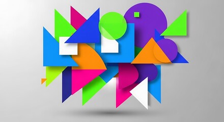 A vibrant geometric composition. Overlapping shapes in bold colors such as green, blue, pink, orange, purple and white, casting shadows