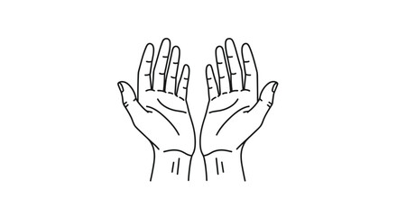 Fototapeta premium Simple black and white line drawing of two open hands with palms facing upward in a gesture of giving, receiving, or prayer.