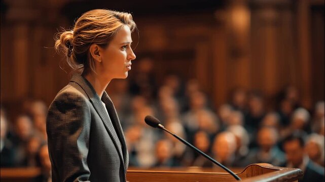 Young woman politician giving speech at podium in legislative hall  