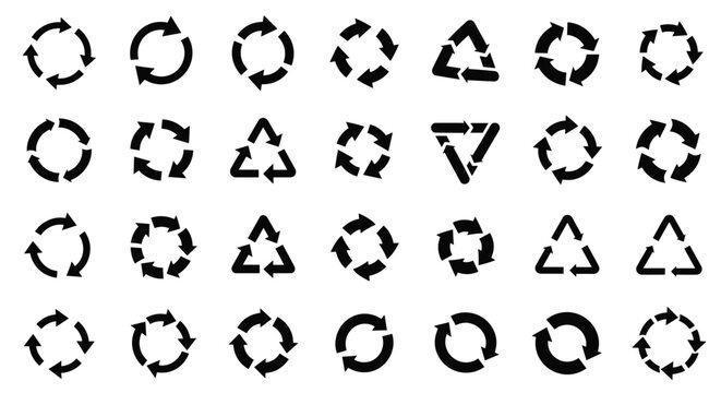 Set of circular recycling arrows and loop symbols in various configurations and geometric shapes like triangles and circles.