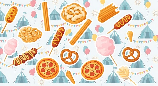 Whimsical illustration of carnival treats scattered amongst circus tents and colorful decorations