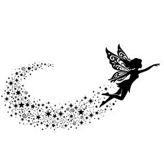 Naklejka premium Flying Fairy with Star Trail Silhouette Vector, Magical Fantasy Fairy Girl Leaving Sparkling Stars Black Illustration