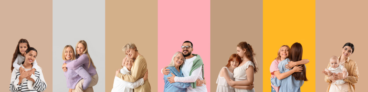 Set of mothers with their children on color background