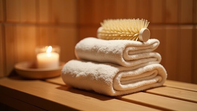 massaging brush stack of towels and sauna accessories on wooden bench inside spa sauna selective focus wellness relaxation concept