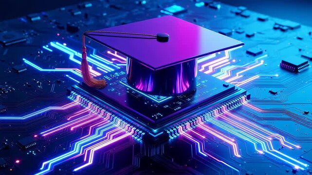 Graduation cap on glowing circuit board