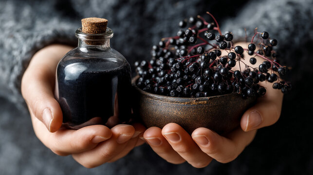 A person holding a bottle of elderberry syrup and a bowl of fresh elderberries