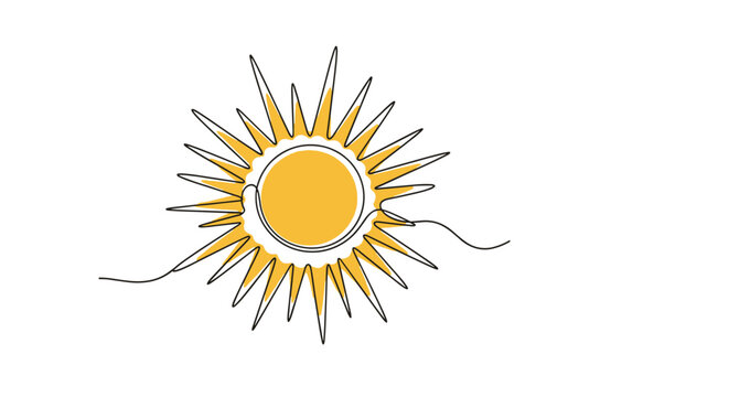 Single continuous line drawing of a sun with radiating rays and a yellow center representing summer, heat, and energy.