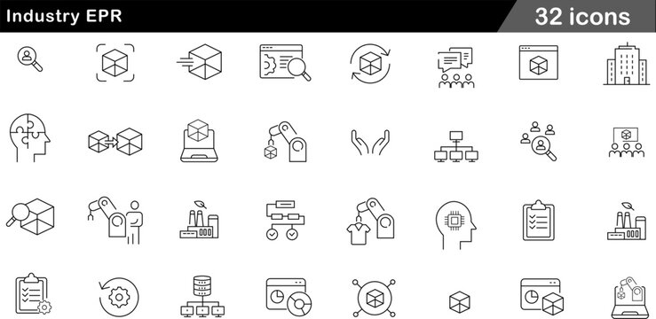 Industry EPR Thin Line Icons Set Extended Producer Responsibility, Industrial Automation, Circular Economy, Sustainable Manufacturing and Supply Chain Symbols