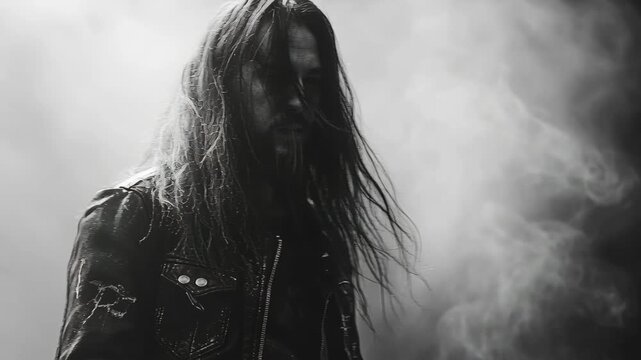 Black and white slow motion of a man headbanging at a rock concert with fog