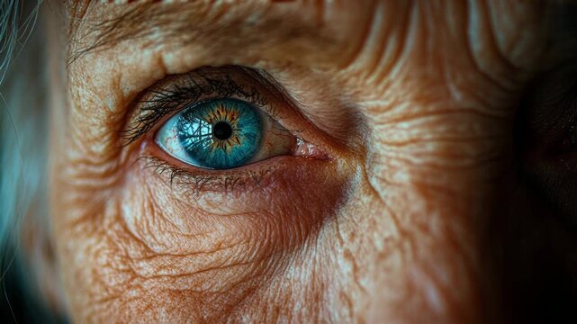Macro shot of a senior woman's blue eye with wrinkled skin, blinking and looking into the camera