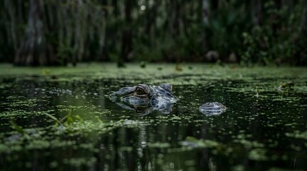 Fototapeta premium Alligator lurking in a swampy forest environment with green foliage