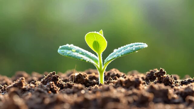 Young plant sprout with dew drops