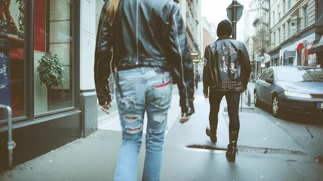 Stylish punk couple in leather jackets and ripped jeans walking on a city sidewalk