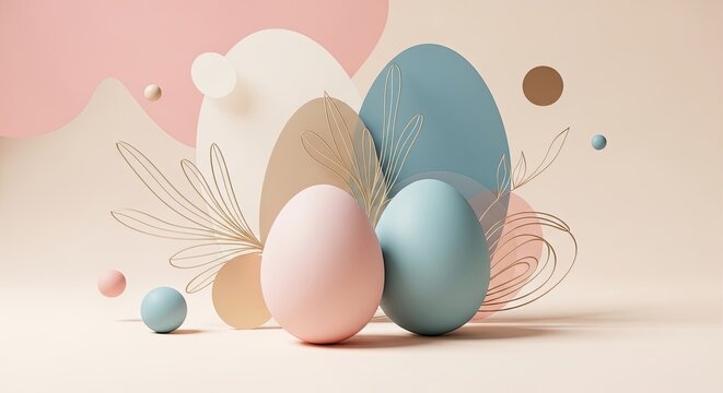 Pink and blue Easter eggs with abstract shapes and golden wire foliage, a spring holiday decor design for greeting card or banner