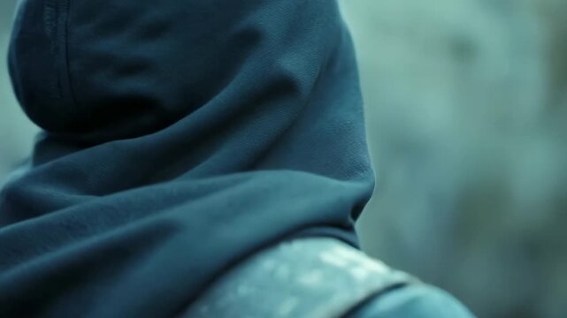 Mysterious hooded fantasy character with a spiked mask and intense blue eyes turning away