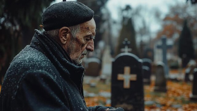 Elderly sad man mourning in a graveyard during a snowy autumn day, visiting a loved one's tombstone