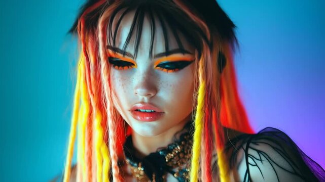 Close-up portrait of a beautiful futuristic woman with vibrant makeup and colorful hair looking