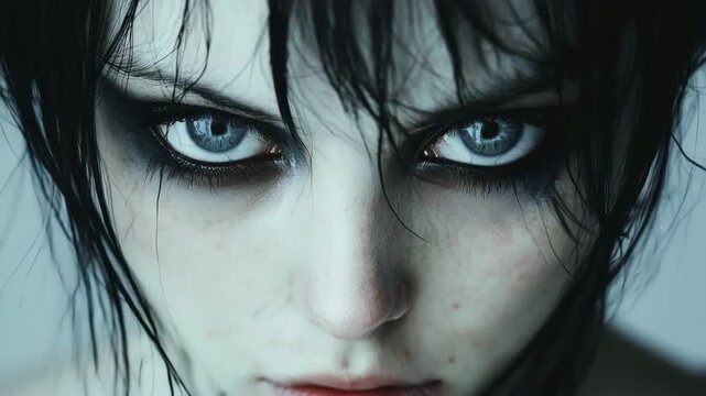 Intense close-up of a young woman's face with dramatic dark makeup and wet hair looking angrily