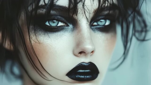 Close-up of a fashion model's face with dramatic black makeup and wet hair staring at the camera