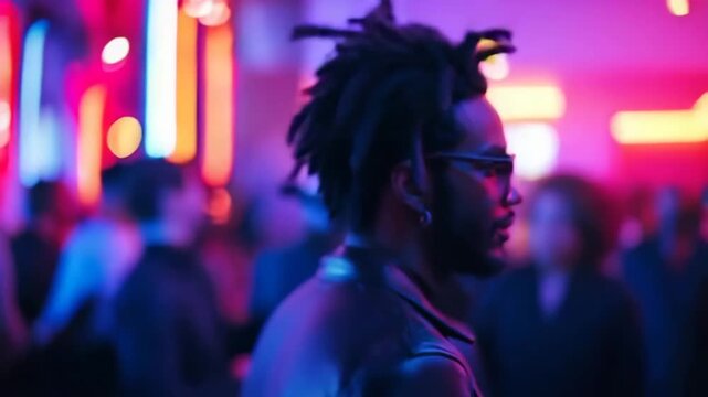 Cool young man with dreadlocks and sunglasses dancing in a crowded, colorful nightclub