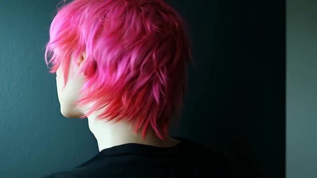 Youthful androgynous model with dyed pink hair and freckles slowly turning their head in profile