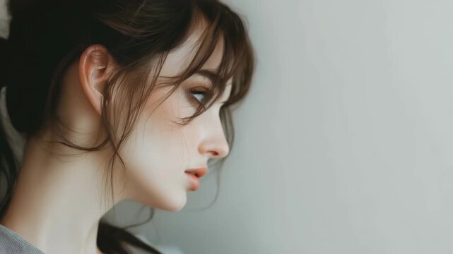 Portrait of a gorgeous young woman with natural makeup and messy bun hairstyle looking away