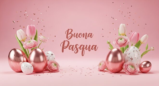 Pink easter eggs and tulips floral arrangement with italian buona pasqua greeting. Festive spring holiday decoration concept for pasqua celebration