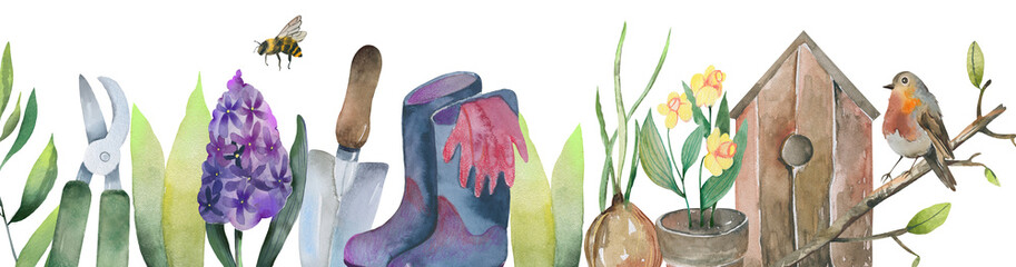 Watercolor Spring Gardening Scene With Tulips and Tools © Tatyana